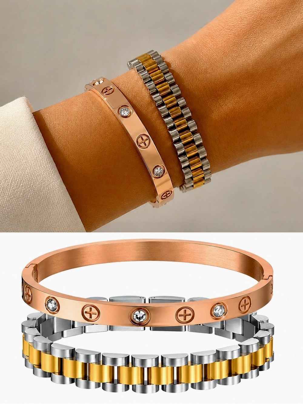 Rose Gold Crystal Screw Bangle with Two-Tone Chain Bracelet 💗💛🩶